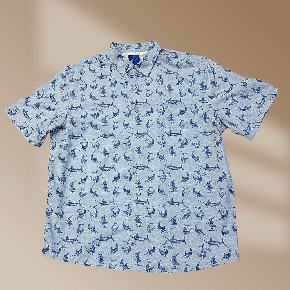 Guy Harvey Swordfish Blue Button Down Top Size Large